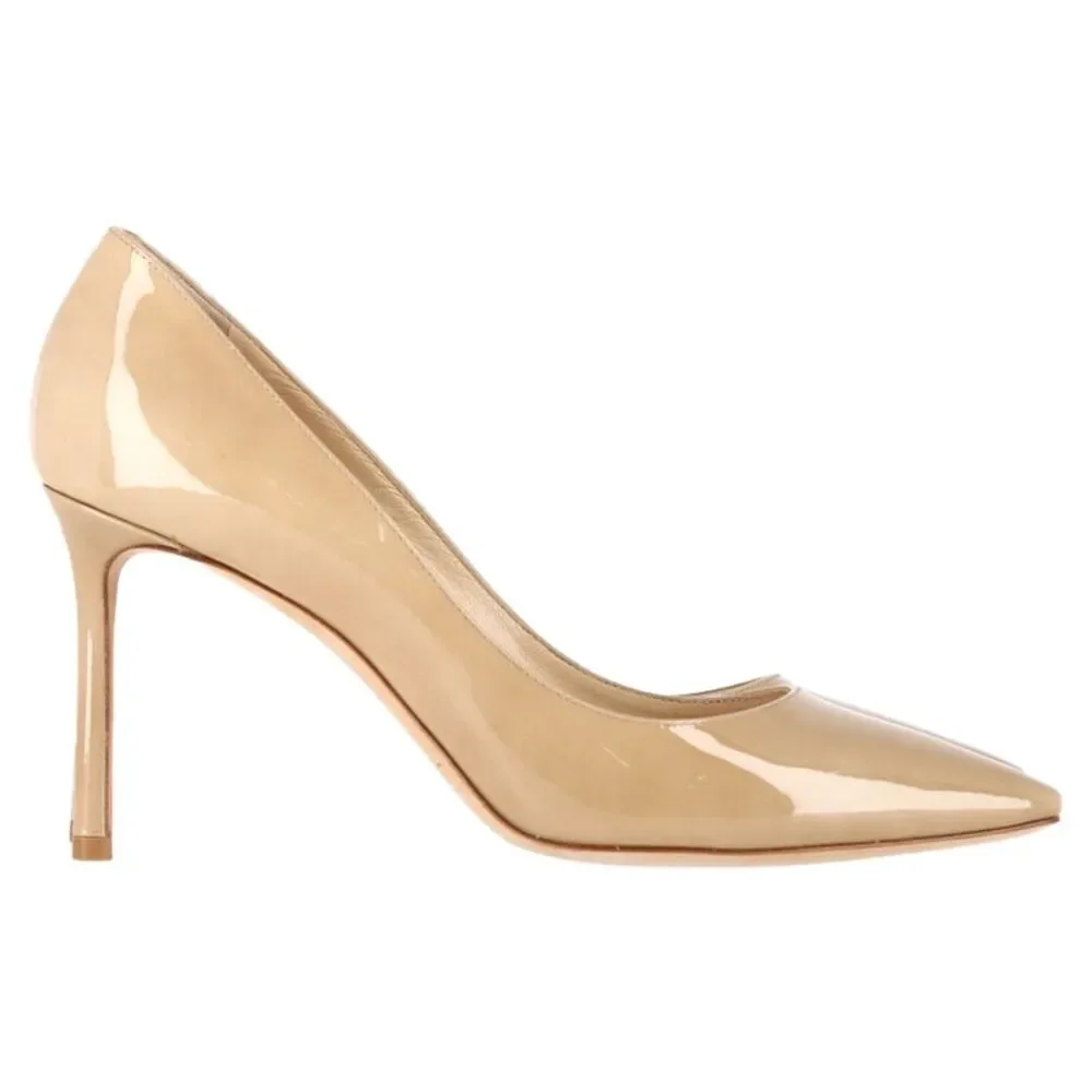 Jimmy Choo Romy 85 Pointed Pumps in Beige Patent Leather